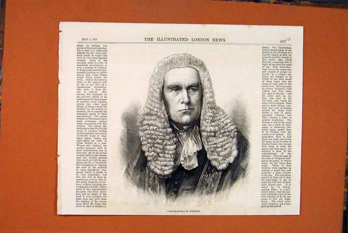 Original Old Antique Print Portrait Wickens Vice-Chancellor 1871 19th
