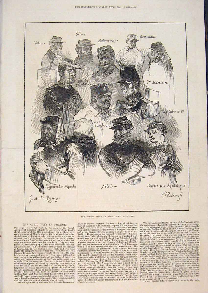 Original Old Antique Print French Siege Paris Military Portrait Civil War France