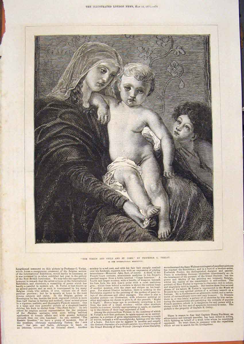 Original Old Antique Print Virgin Child St John Professor Verlat Fine Art 1871