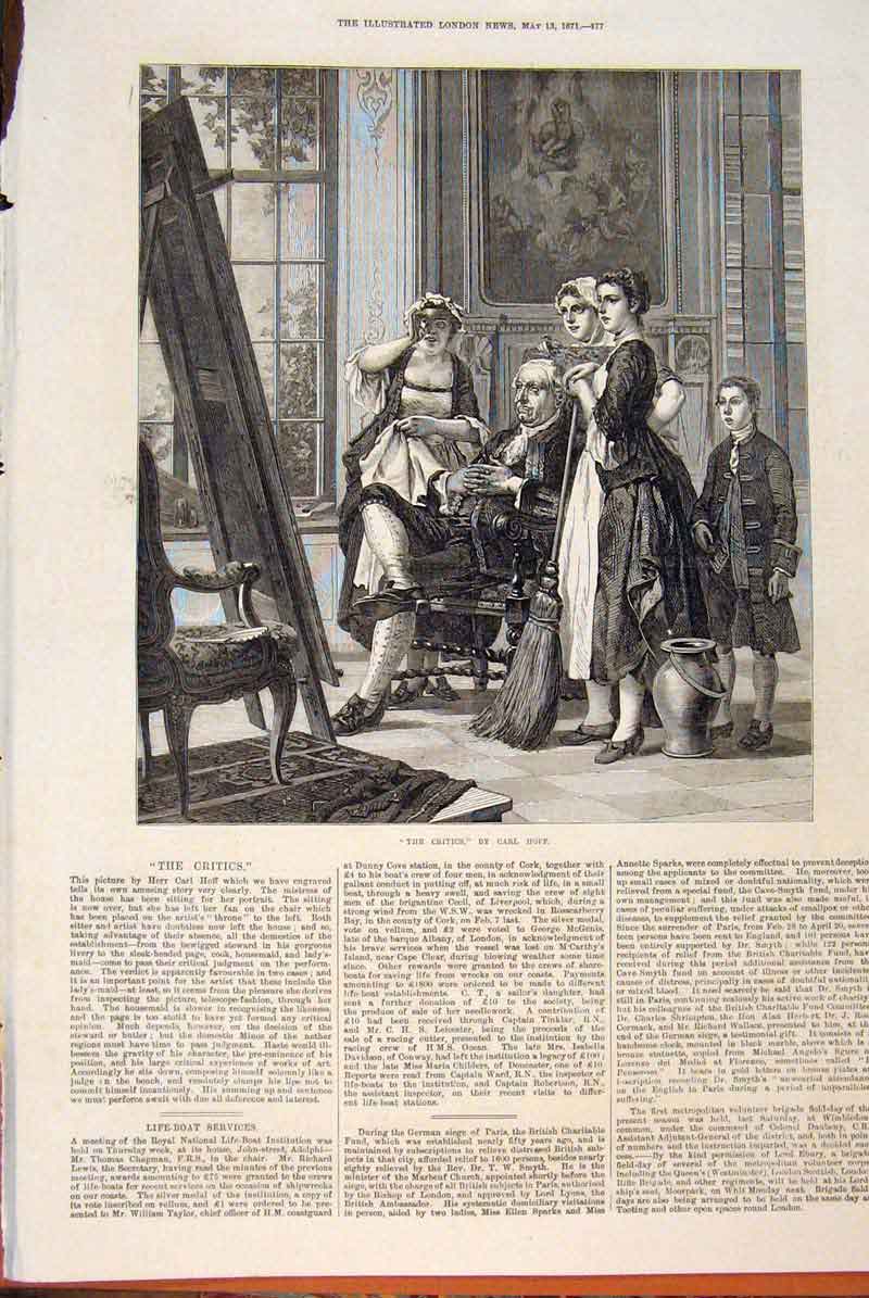 Original Old Antique Print Critics Carl Hoff Painting Fine Art 1871 Victorian