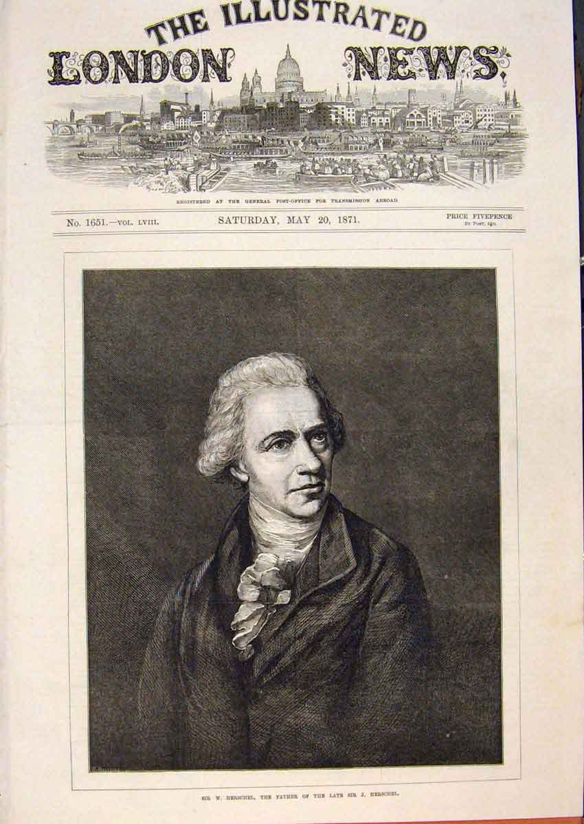 Original Old Antique Print Portrait Herschel Father 1871 19th Century