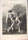 Original Old Antique Print Pond Children Water Dobson Fine Art 1871 Victorian