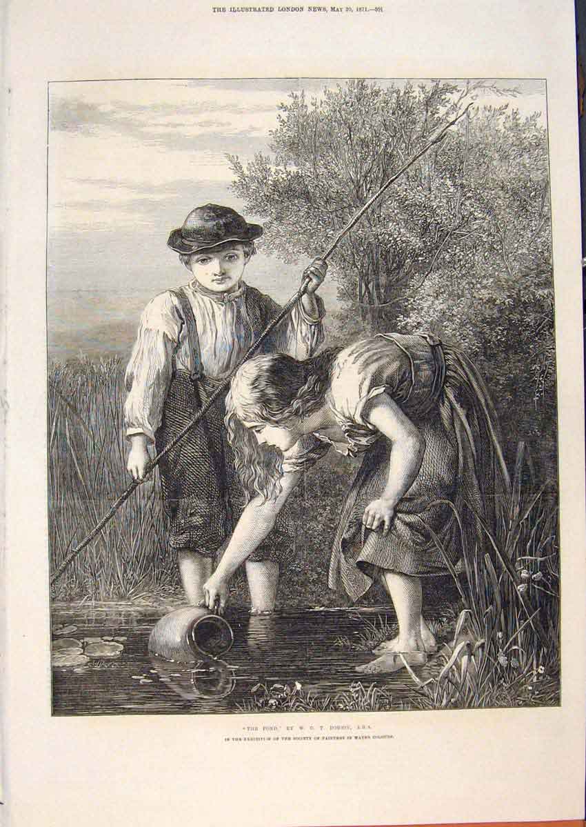 Original Old Antique Print Pond Children Water Dobson Fine Art 1871 Victorian