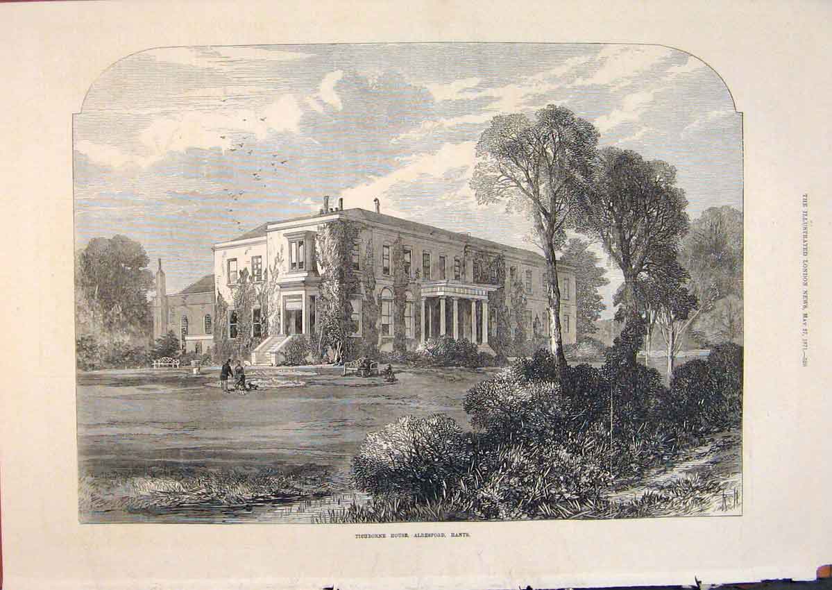 Original Old Antique Print Tichborne House Alresford Hants 1871 19th
