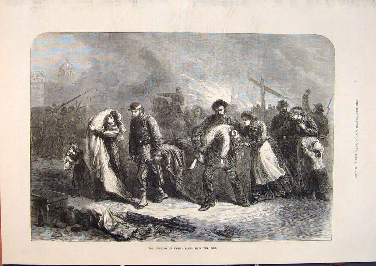 Original Old Antique Print Paris France Fire Burning People Children 1871 19th