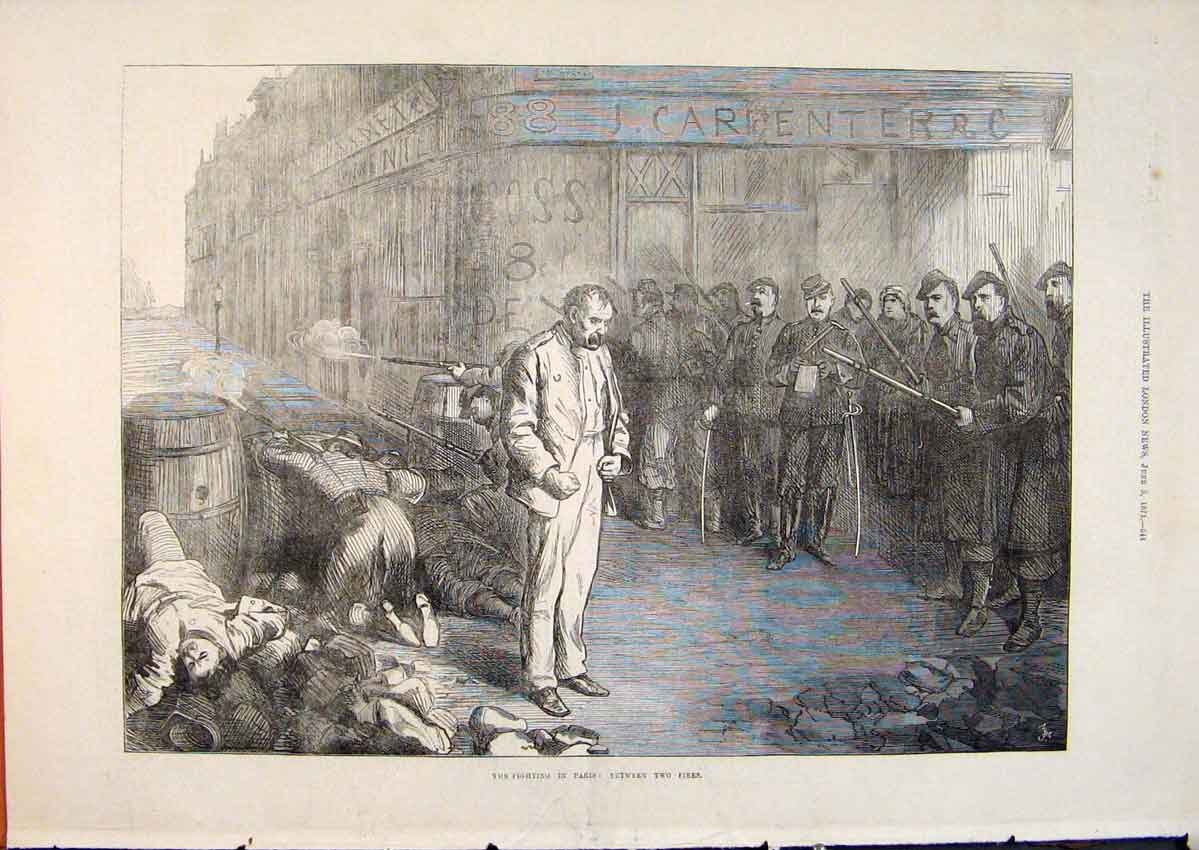 Original Old Antique Print Paris Fighting Fires Troops War Civil France 1871