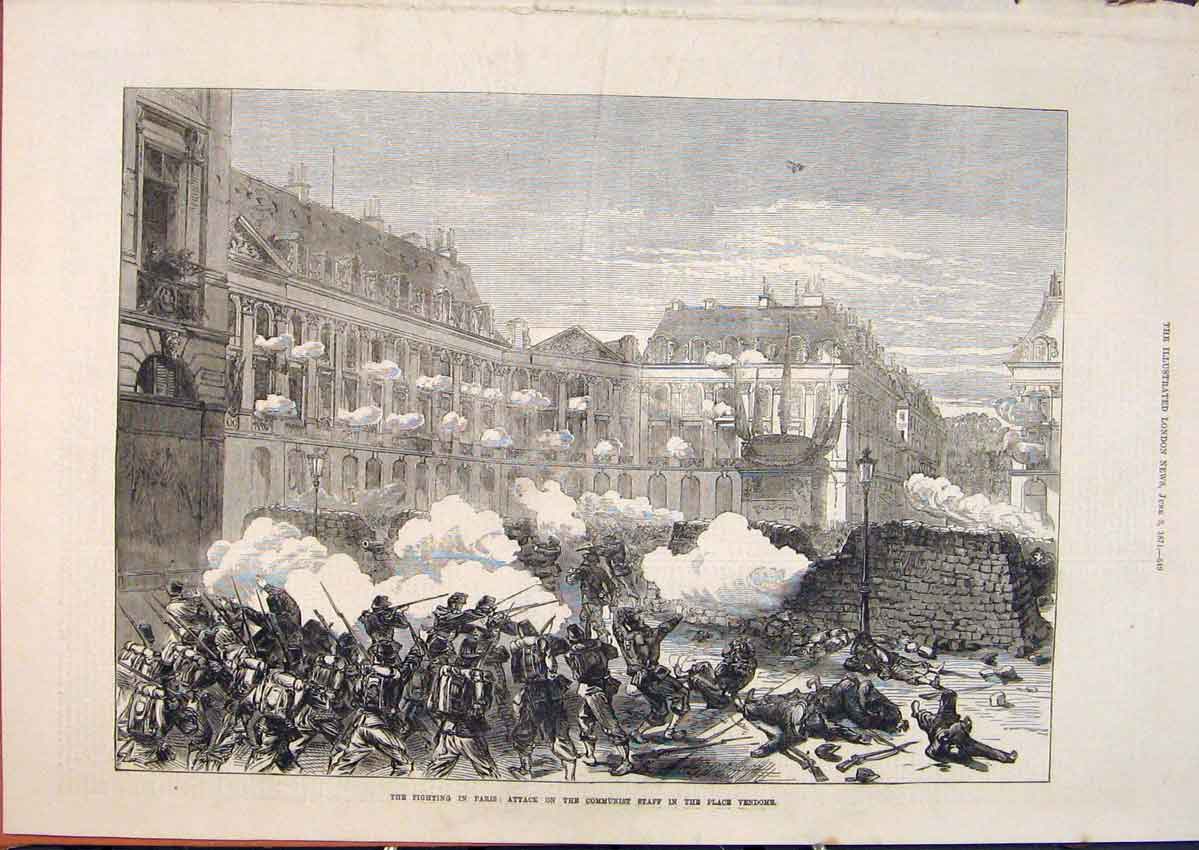Original Old Antique Print Paris France Communist Staff Place Vendome 1871 19th