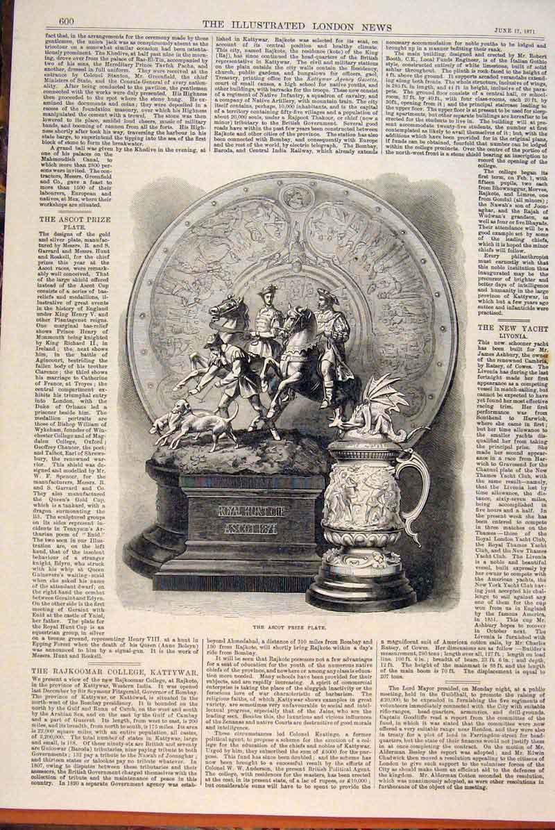 Original Old Antique Print Ascot Races Prize Plate Hunt Cup 1871 19th