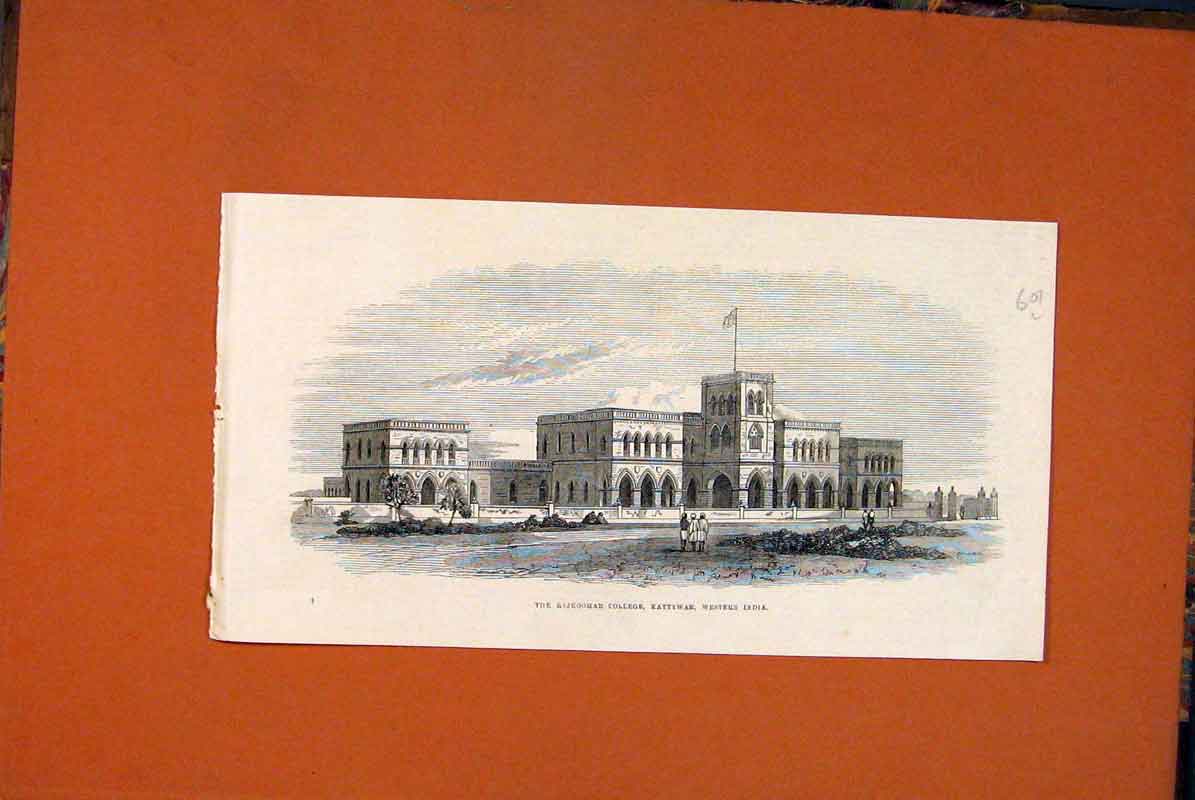 Original Old Antique Print India Kattywar Rajkoomar Indian College 1871 19th