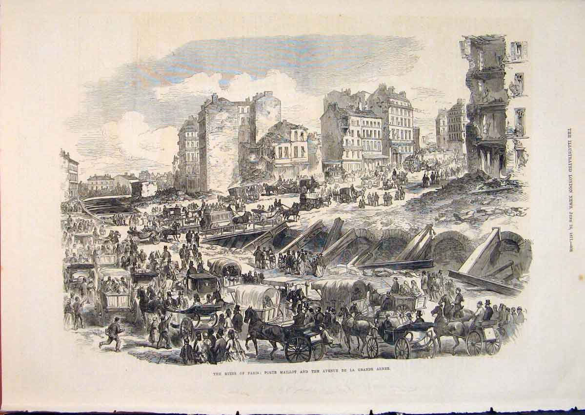 Original Old Antique Print Ruins Paris France Porte Maillot Grande Armee 1871