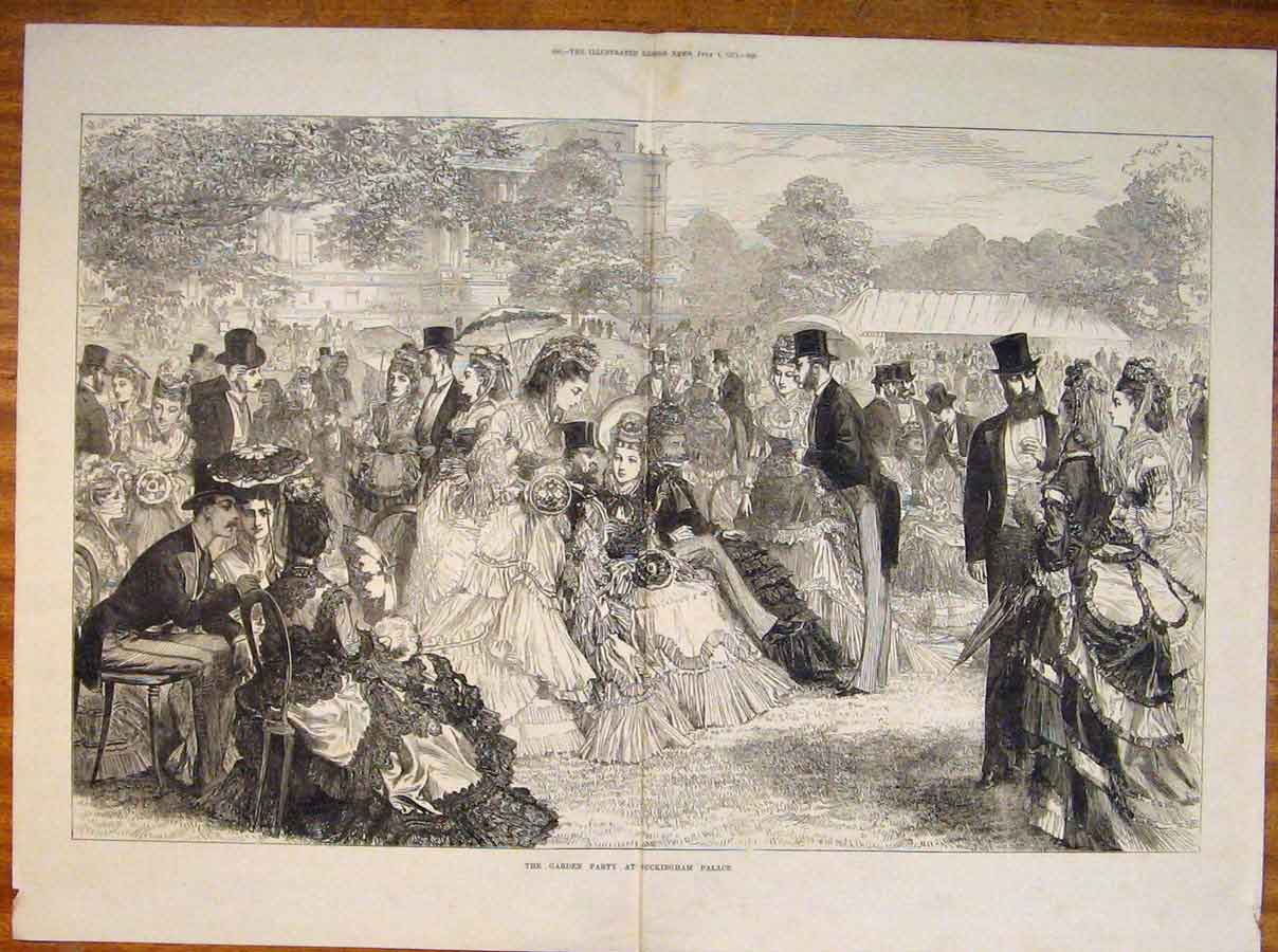 Original Old Antique Print Garden Party Buckingham Palace London Picnic 1871