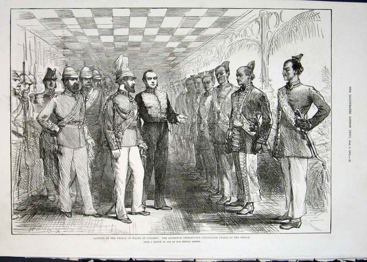 Original Old Antique Print Prince Wales Colombo Cinghalese Chiefs India 1876
