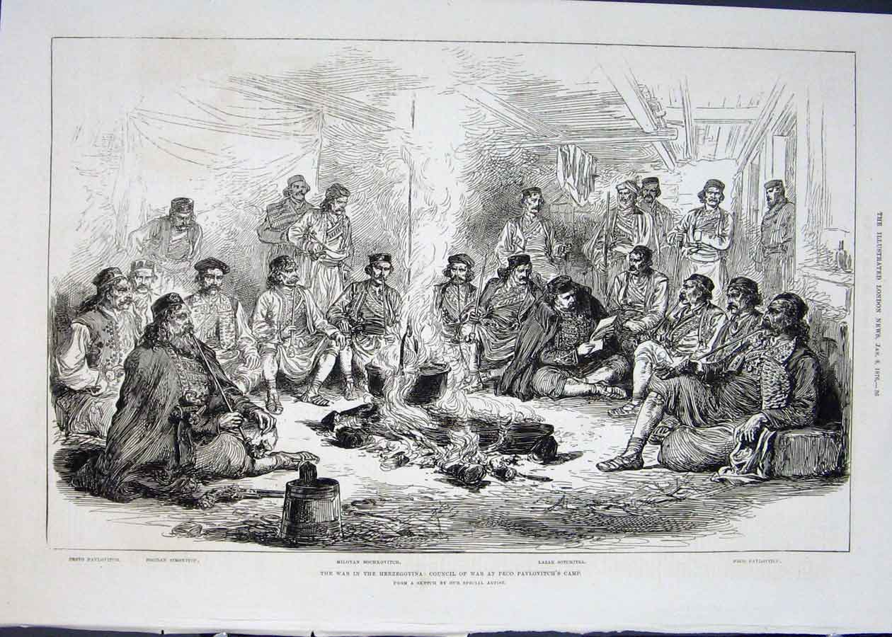 Original Old Antique Print Council War Herzegovina Pavlovitch Camp 1876 19th