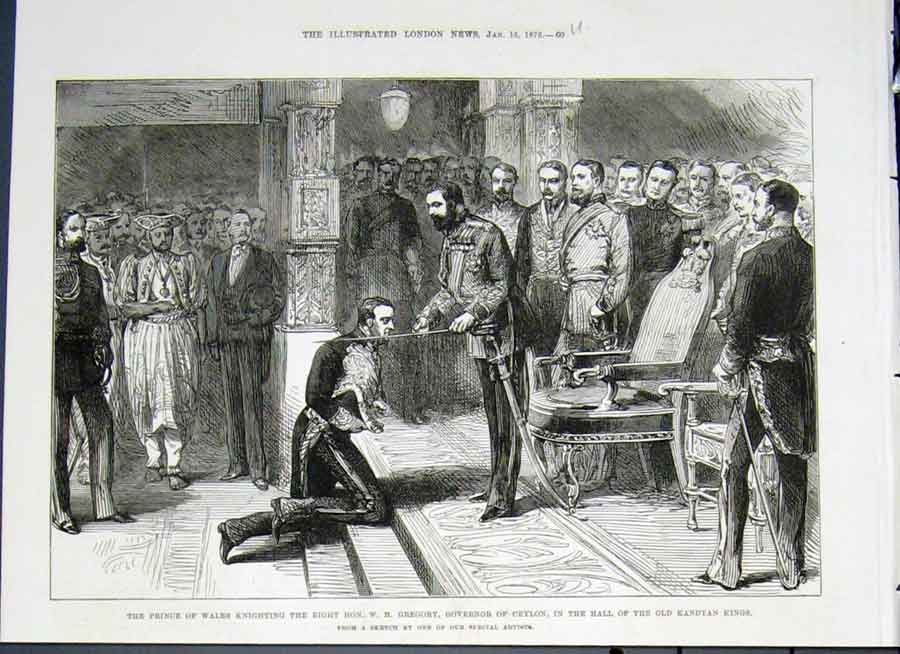 Original Old Antique Print Gregory Knighthood Governor Ceylon Kandyan Hall 1876