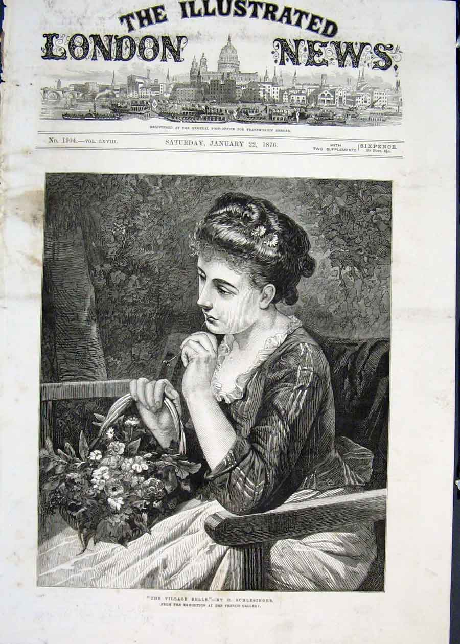 Original Old Antique Print Village Belle Schlesinger Lady Flowers Fine Art 1876