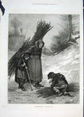 Original Old Antique Print Gathering Wood Edouard Frere Fine Art 1876 Child 19th