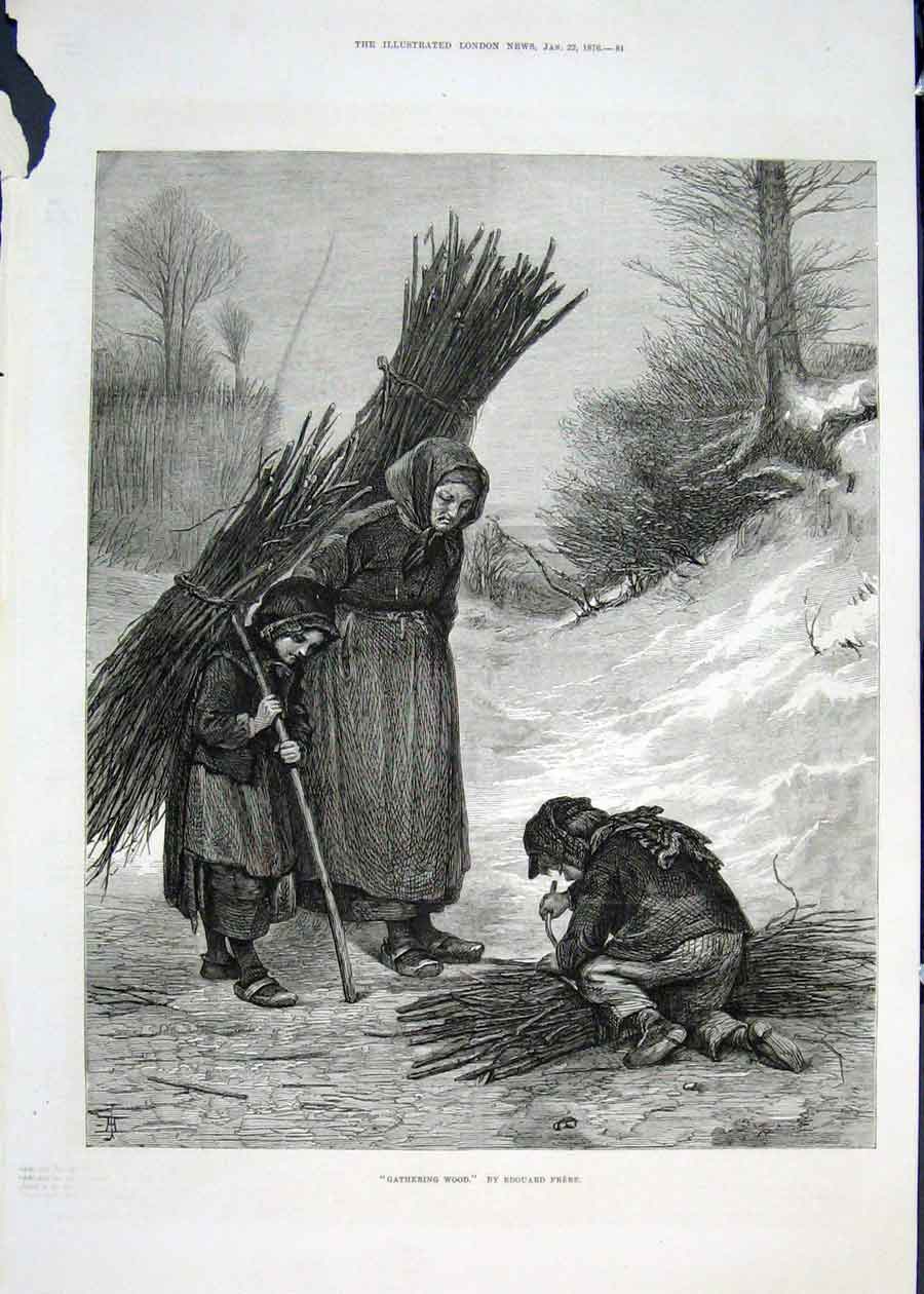 Original Old Antique Print Gathering Wood Edouard Frere Fine Art 1876 Child 19th