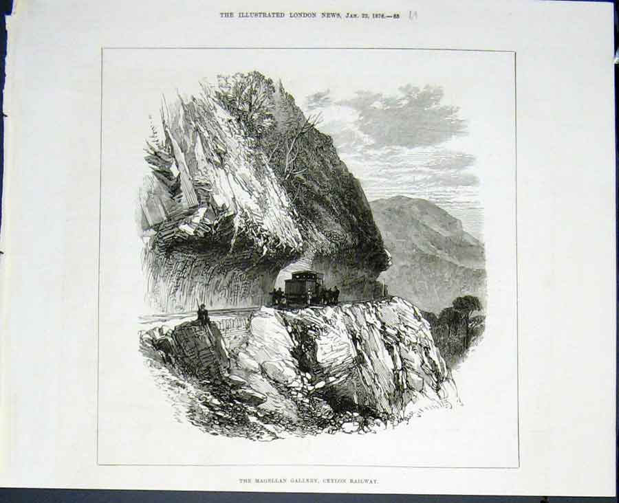 Original Old Antique Print Magellan Gallery Ceylon Rtailway India 1876 19th