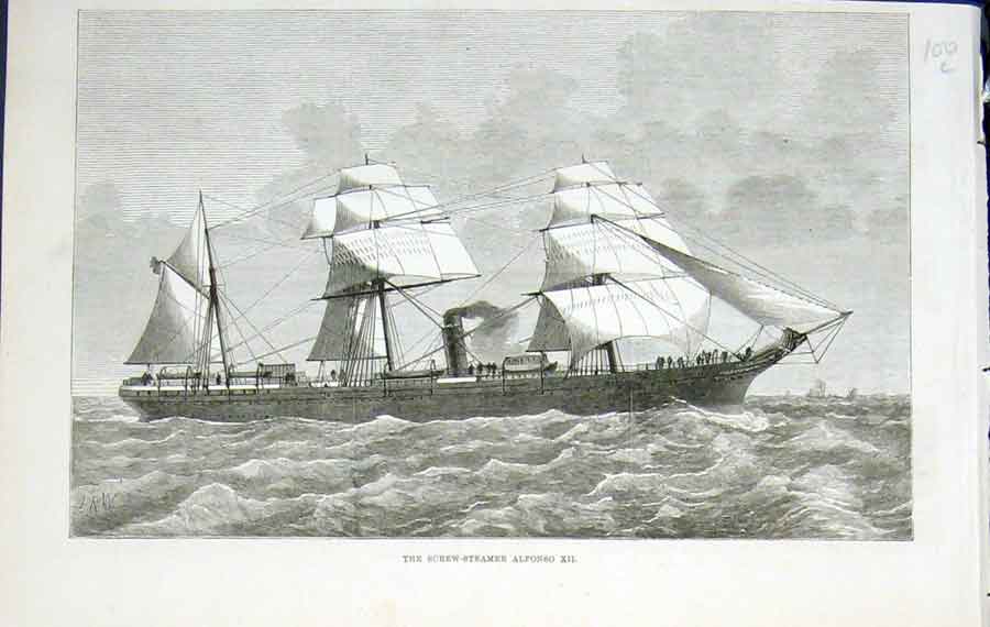 Original Old Antique Print Screw Steamer Alphonso Xii Ship Sea 1876 Victorian