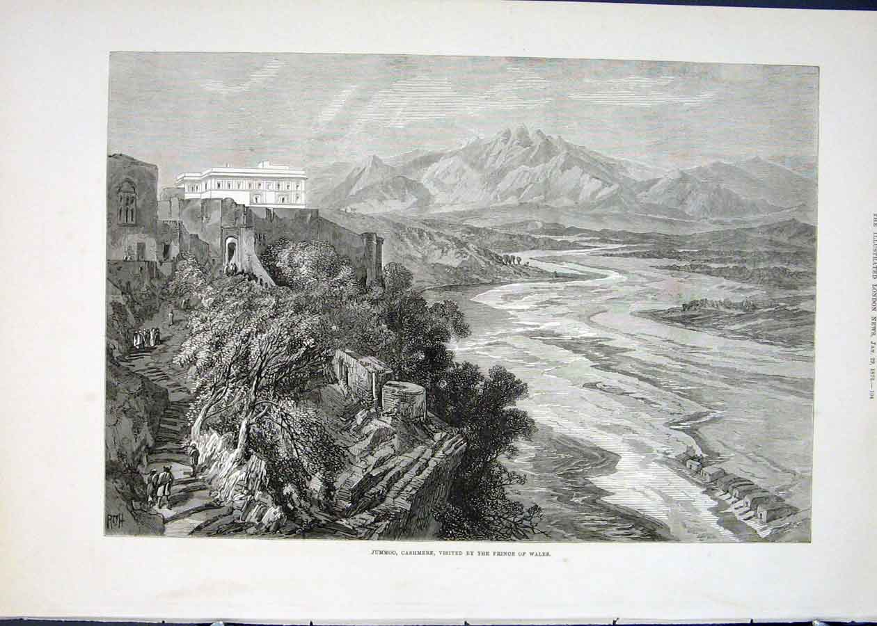 Original Old Antique Print Jummoo Cashmere Prince Wales India View 1876 19th