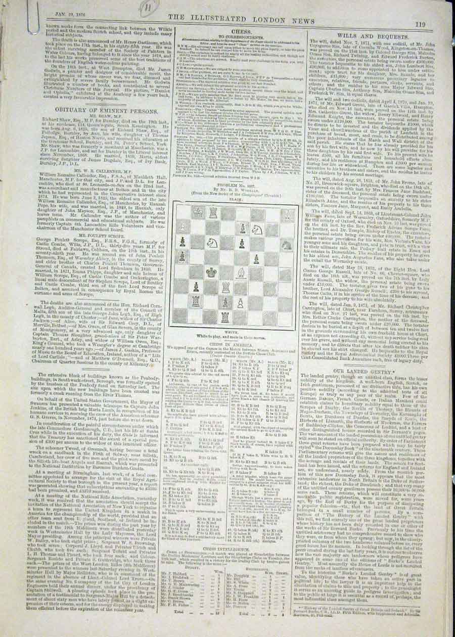 Original Old Antique Print Chess Problems And Solutions 1876 19th