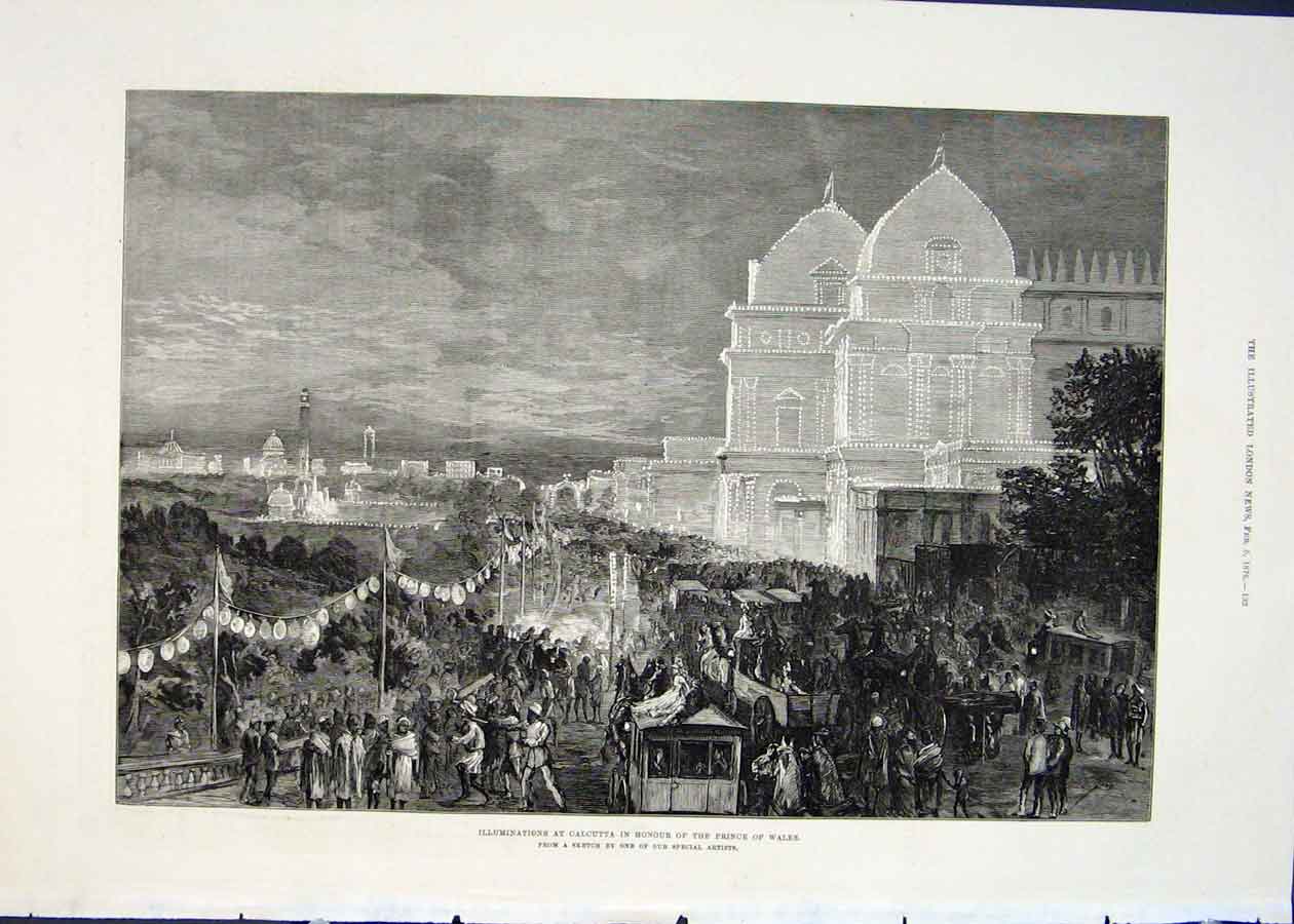 Original Old Antique Print Illuminations Calcutta India Prince Wales 1876 19th