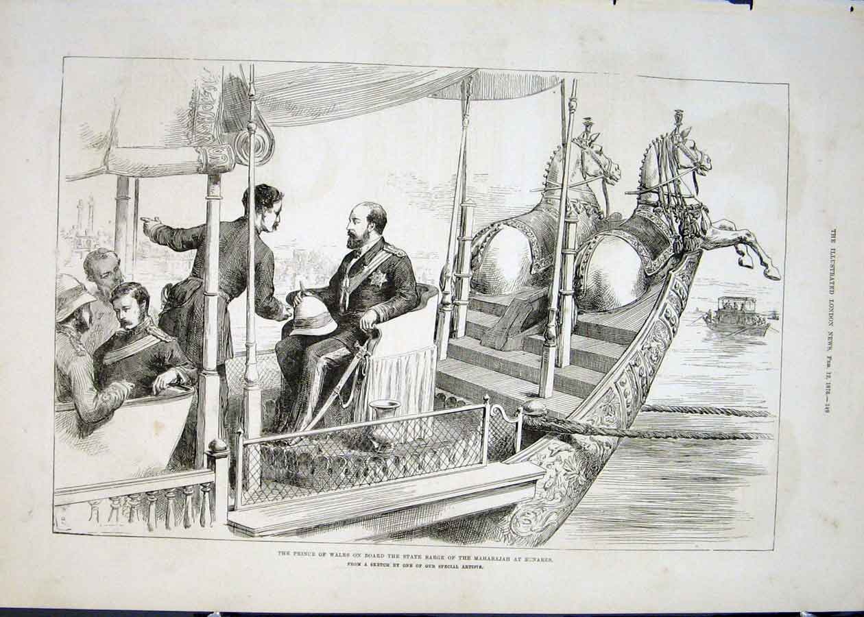Original Old Antique Print State Barge Maharajah Benares Prince Wales India 1876