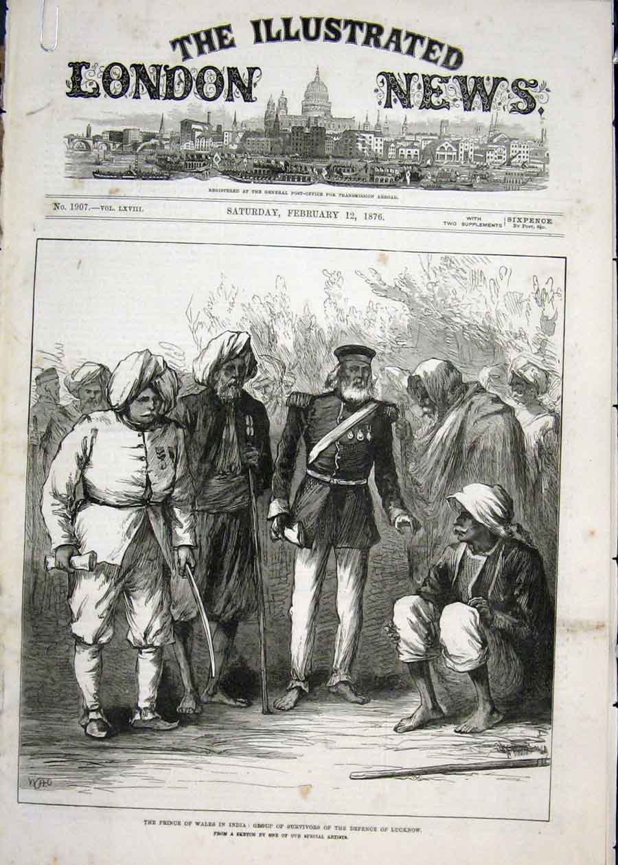 Old Antique Print Prince Wales India Survivor Lucknow Defence Sketch 1876 19th