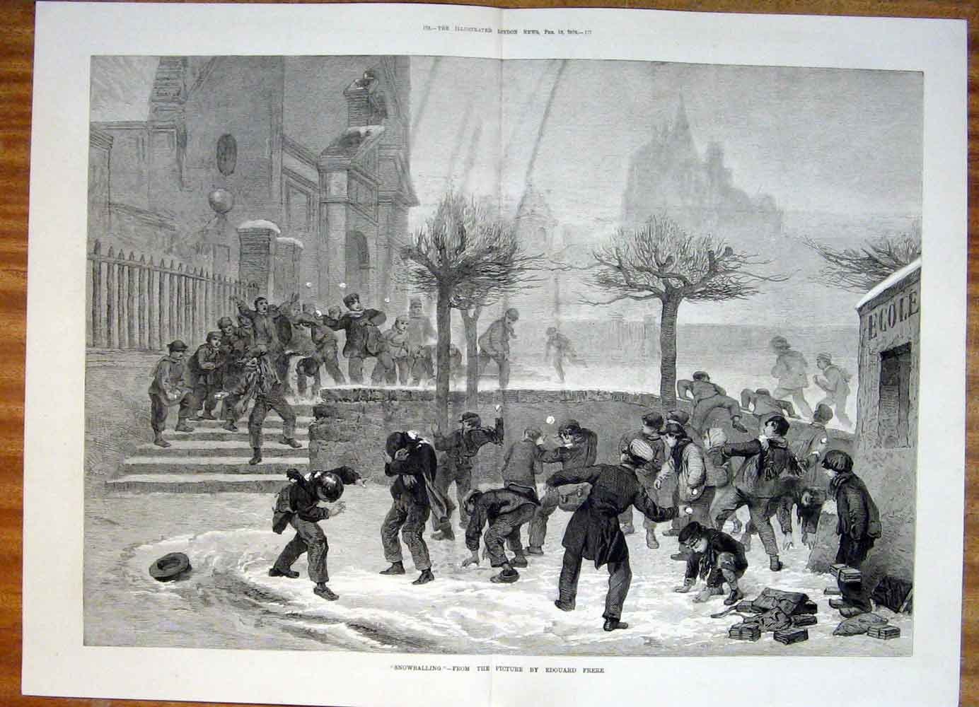 Old Antique Print Snowballing Snow Ball Edouard Frere Boys Fine Art 1876 19th