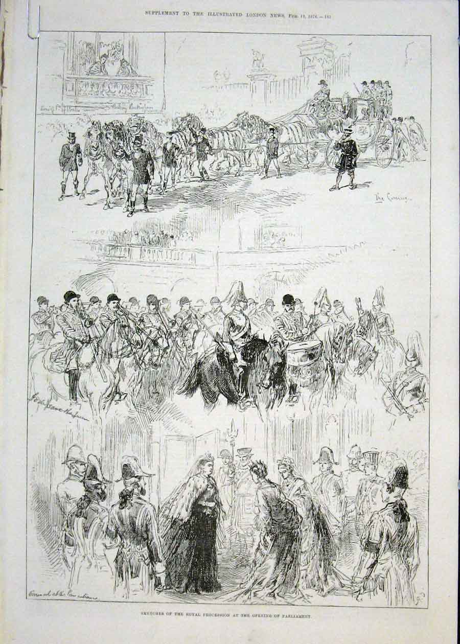 Original Old Antique Print Sketches Parliament Procession Peer'S Corridor 1876