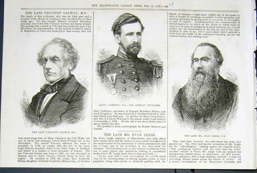 Old Antique Print Portrait Viscount Galway Lieutenant Cameron Leigh 1876 19th