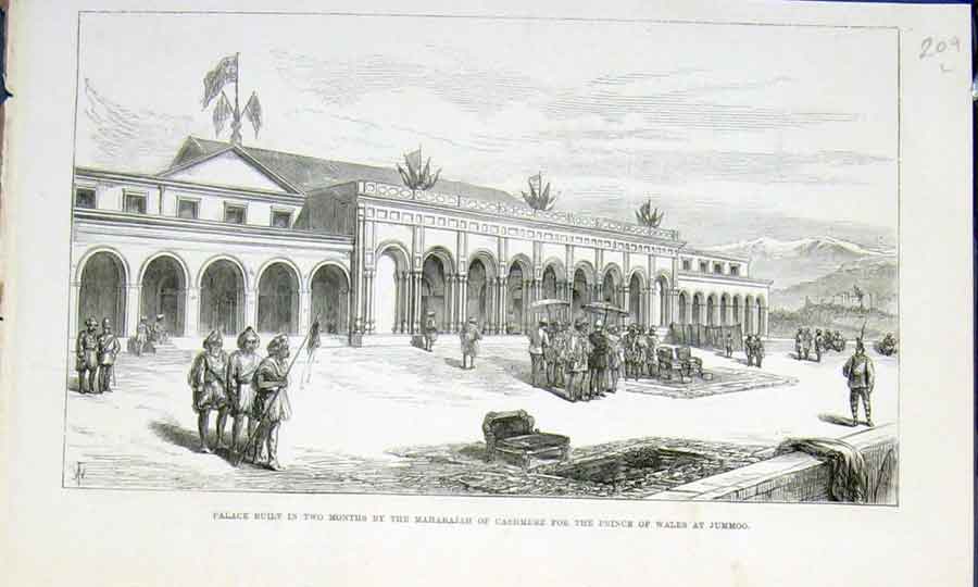 Original Old Antique Print Palace Maharajah Cashmere Prince Wales Jummoo India