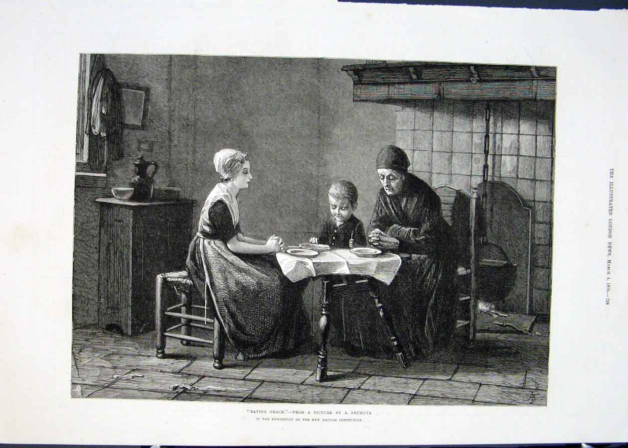 Original Old Antique Print Saying Grace Neuhuys Table Dinner Fine Art 1876 19th