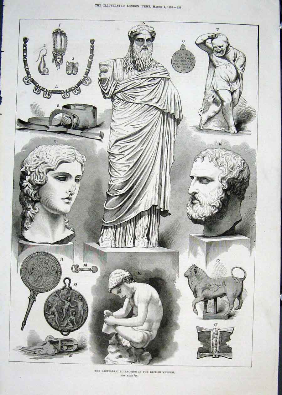 Original Old Antique Print Castellani British Museum London Statue 1876 19th