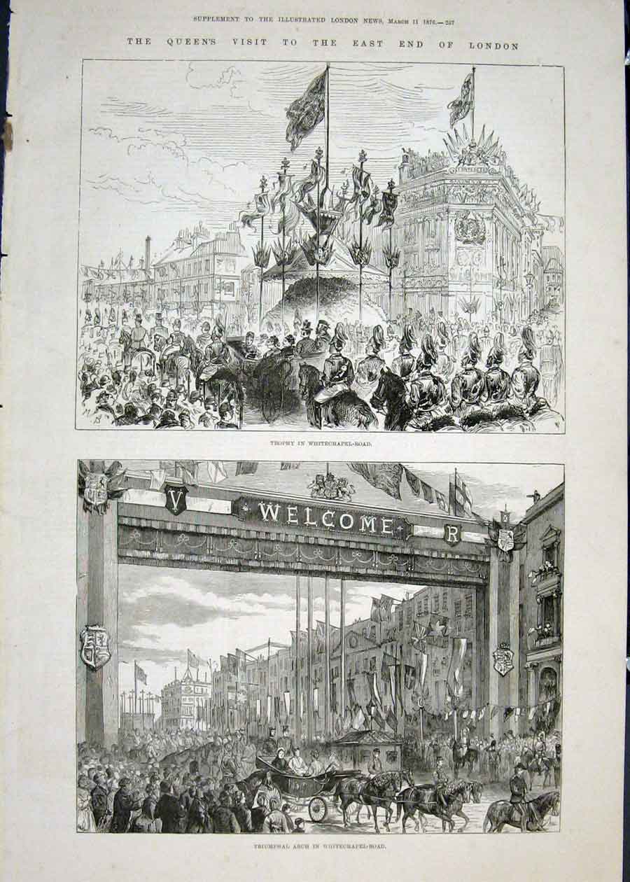Original Old Antique Print London Queen Whitechapel Road Arch 1876 Victorian