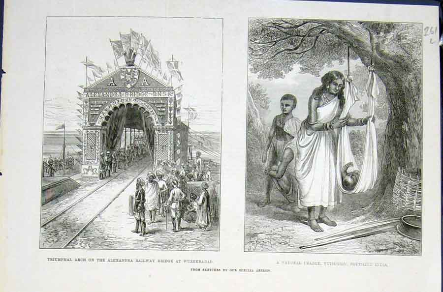 Original Old Antique Print Alexandra Railway Bridge Wuzeerabad India Tuticorin