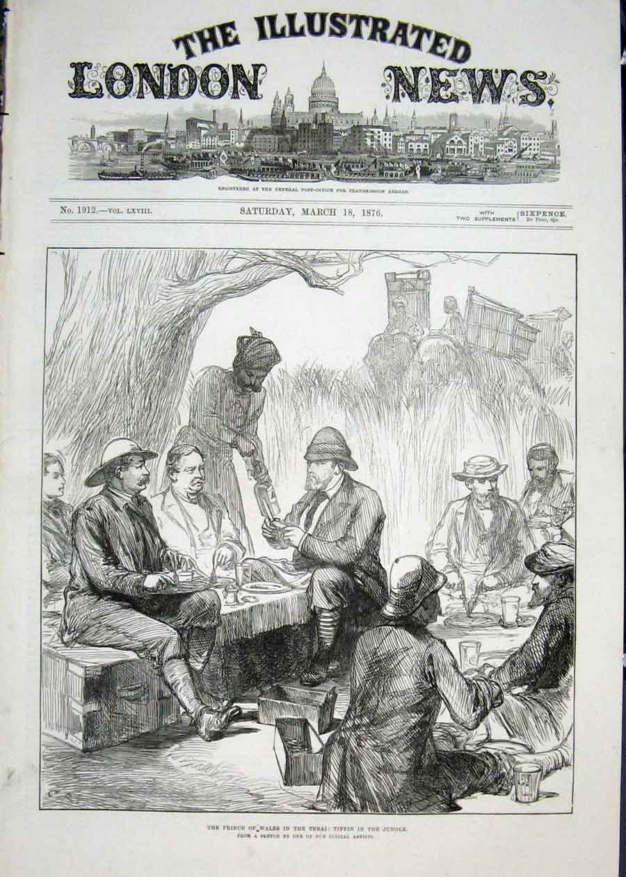 Original Old Antique Print Prince Wales Terai Tiffin Jungle India Sketch 1876