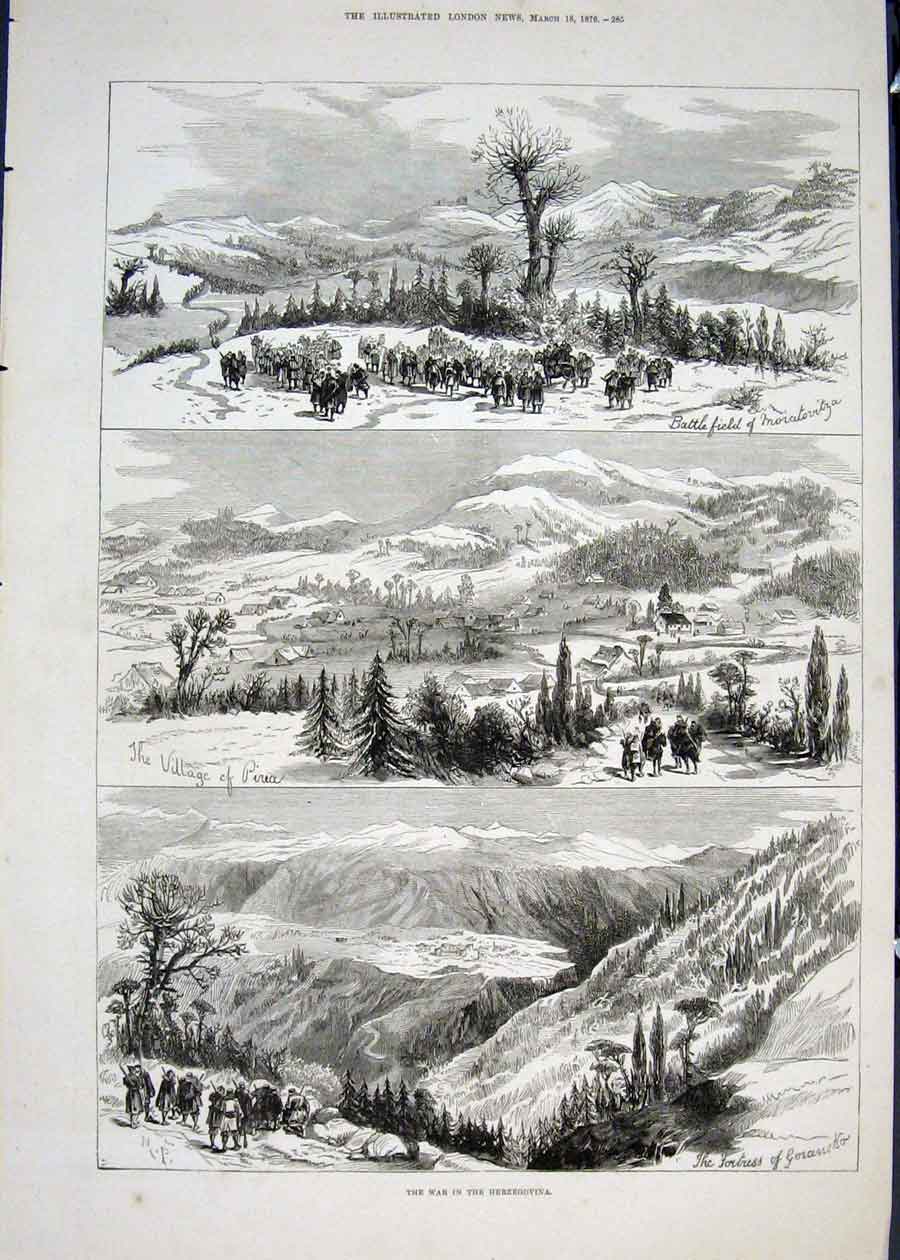 Original Old Antique Print Herzegovina War Sketches Fortress Village Battlefield