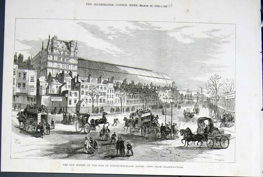 Original Old Antique Print Nothumberland House Charing Cross London Street 1876
