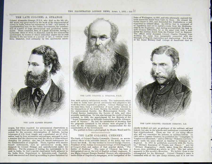 Original Old Antique Print Portrait Holmes Colonel Strange Chesney 1876 19th