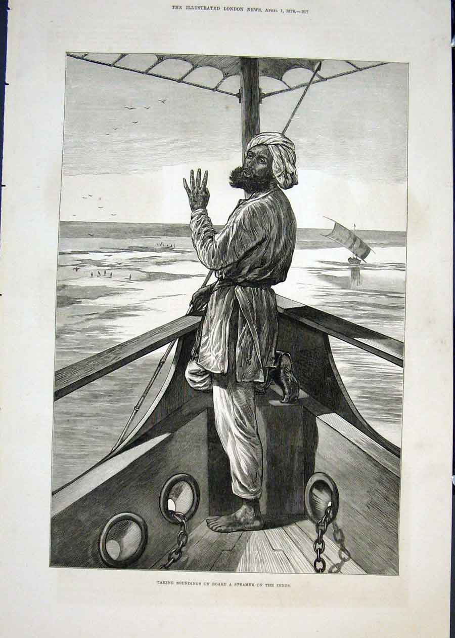Original Old Antique Print Indus River Steamer Ship Soundings 1876 Victorian