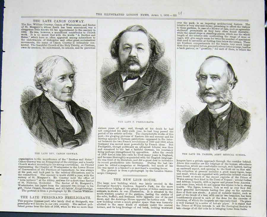 Original Old Antique Print Portrait Conway Freiligrath Parkes 1876 Victorian