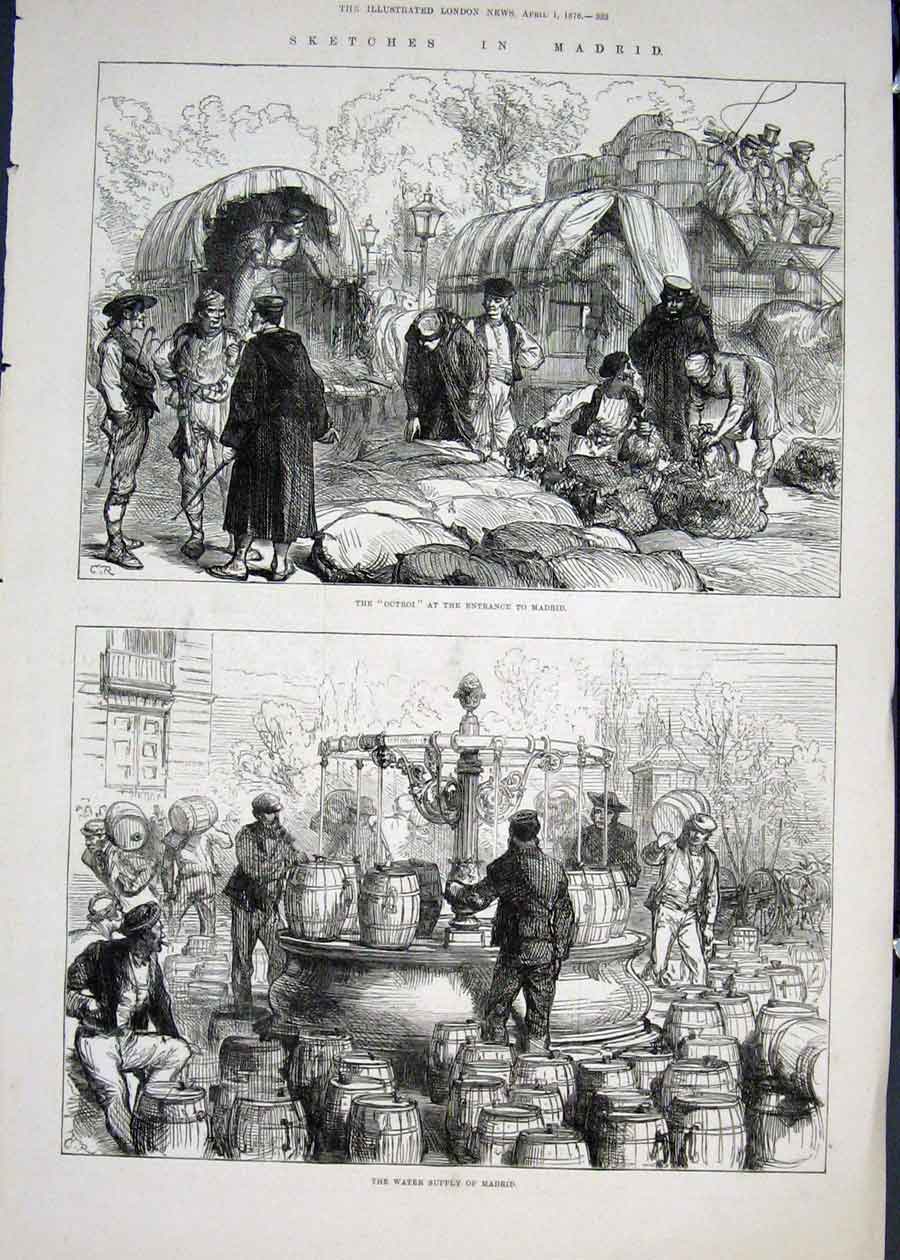 Original Old Antique Print Sketches Madrid Spain Octroi Water Supply 1876 19th