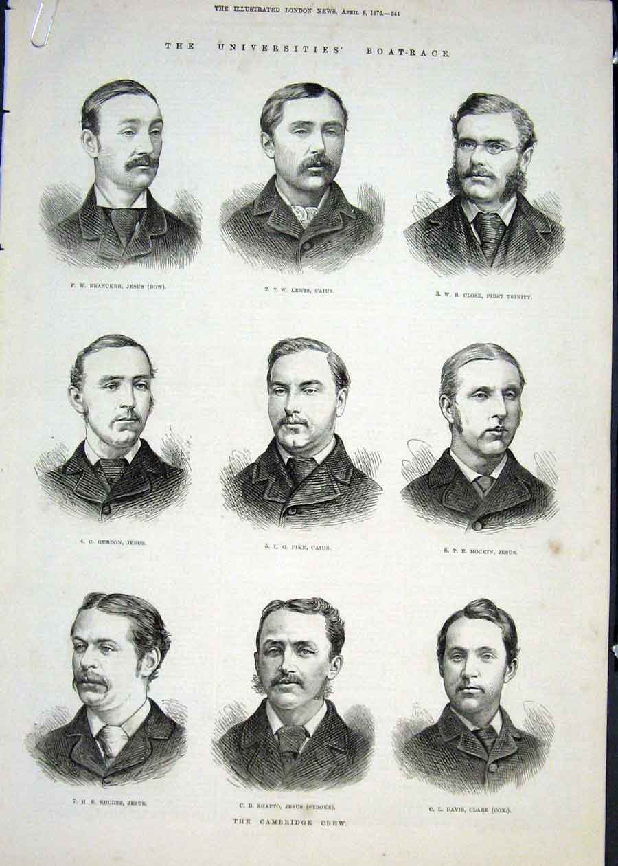 Original Old Antique Print Portrait Boat Race Crew Cambridge Oxford 1876 London