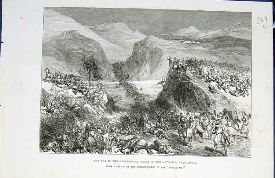 Original Old Antique Print War Herzegovina Gatschko Lipnik Russki Mir 1876 19th