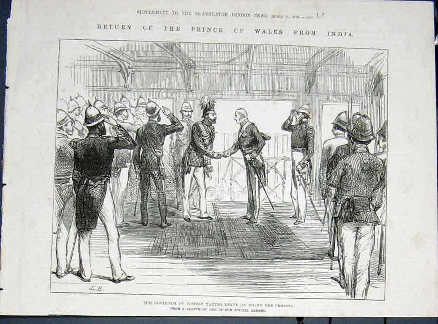 Original Old Antique Print Governor Bombay India Serapis Ship Prince Wales 1876