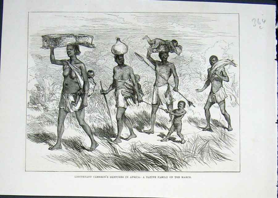Original Old Antique Print Lieutenant Cameron Sketch Africa Native Family 1876