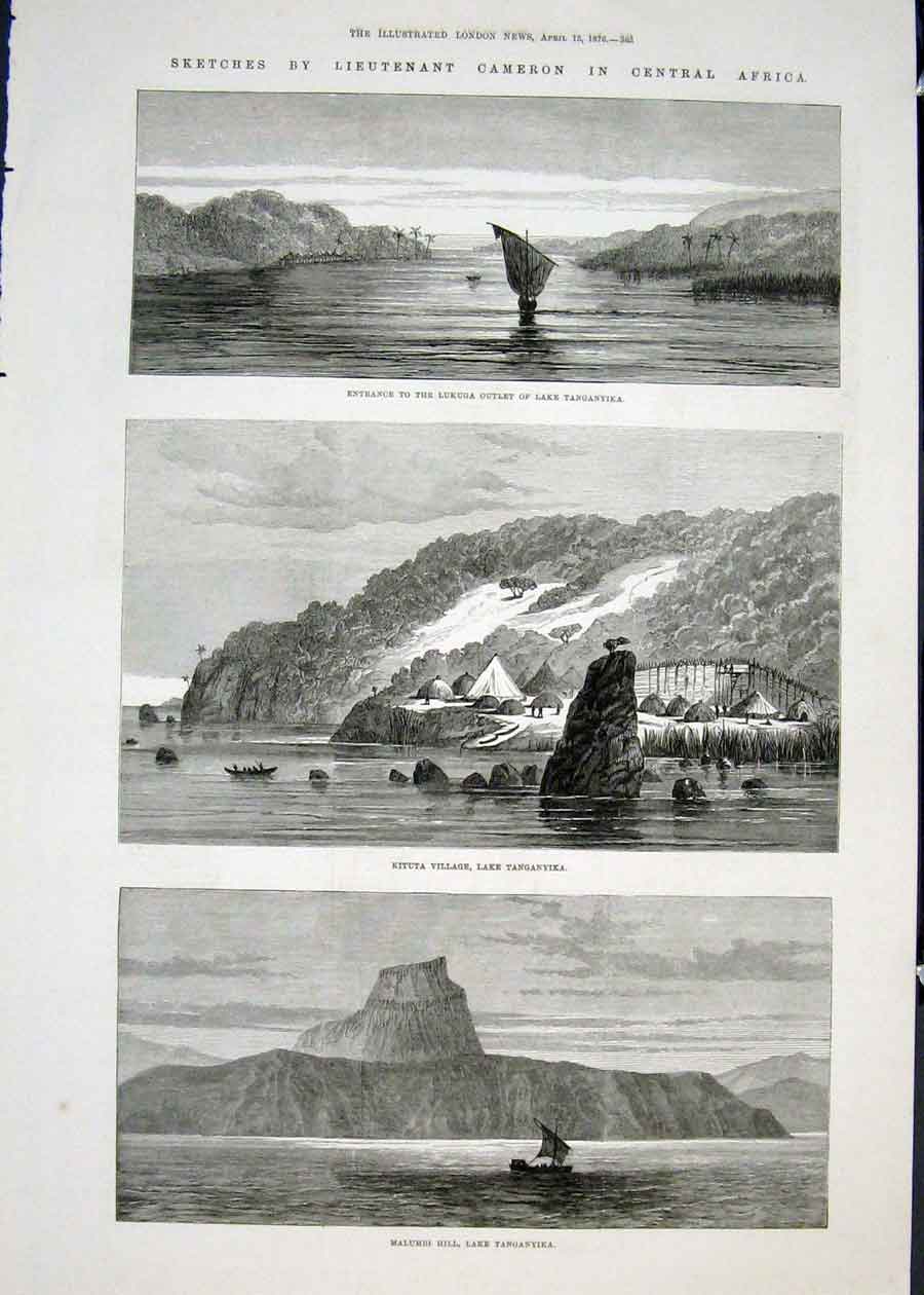 Old Antique Print Lieutenant Cameron Africa Lake Tanganyika Village 1876 19th