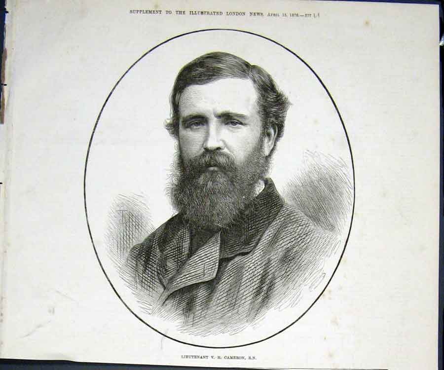Original Old Antique Print Portrait Lieutenant Cameron 1876 19th