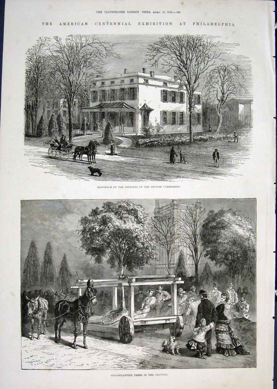 Original Old Antique Print American Centennial Exhibiton Philadelphia 1876 19th